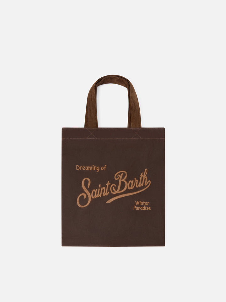 Shopper Mini Essential marrone in tessuto cerato con ricamo logo