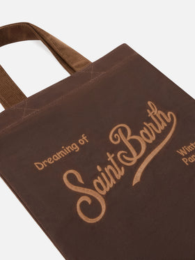 Shopper Mini Essential marrone in tessuto cerato con ricamo logo