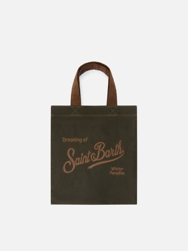 Shopper Mini Essential verde militare in tessuto cerato con ricamo logo