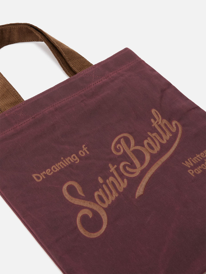 Shopper Mini Essential bordeaux in tessuto cerato con ricamo logo