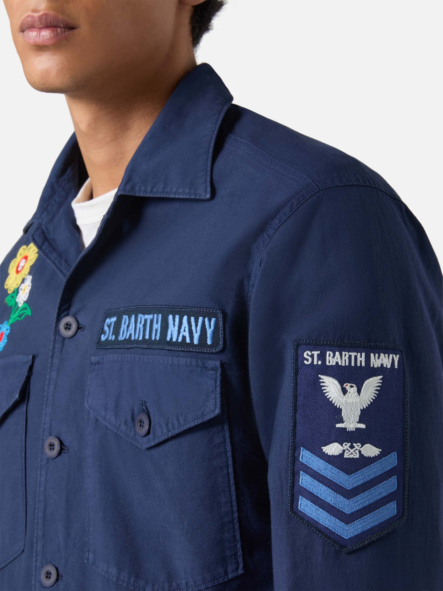 Sovracamicia Esteban ricamata in blu navy