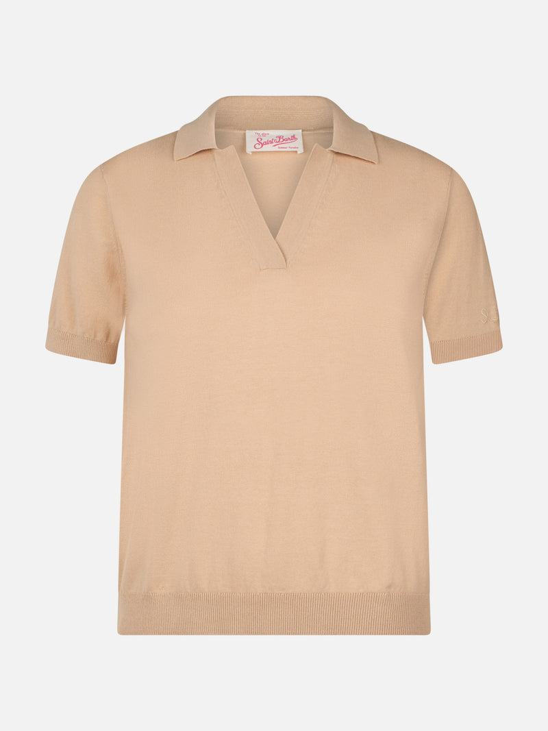 Beiges Poloshirt aus Baumwollstrick für Damen von Evonne