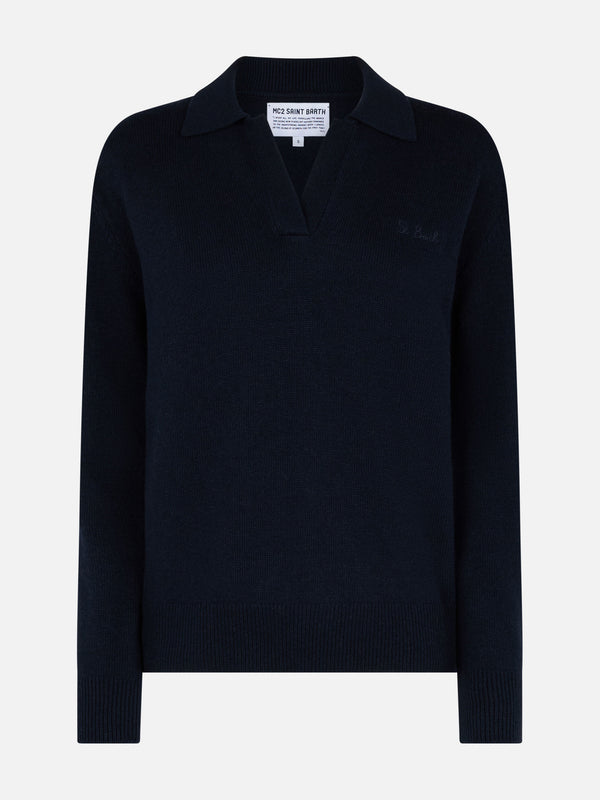 Woman blue navy sweater Eze with polo collar