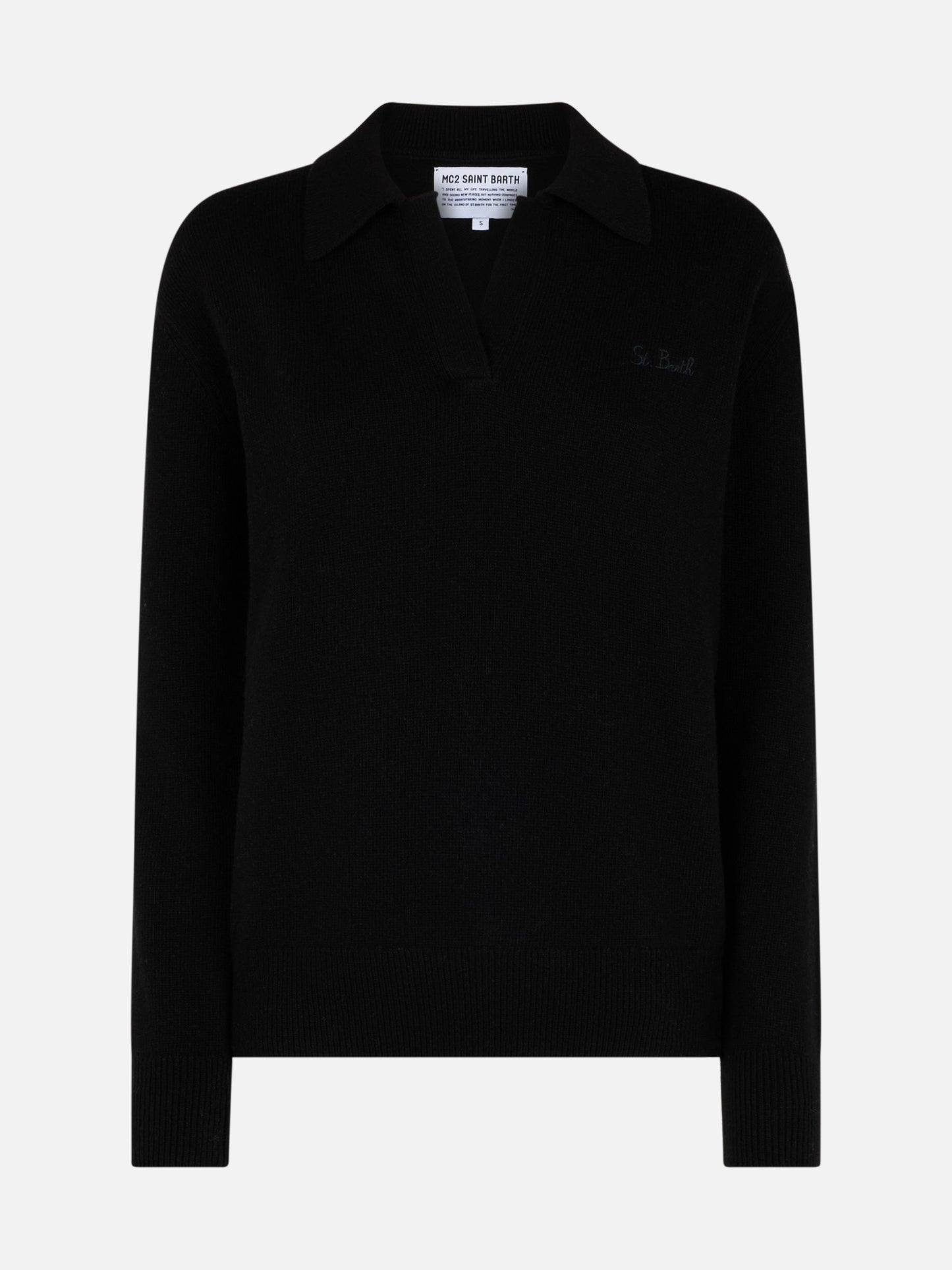 Woman black cashmere blend sweater Eze with polo collar