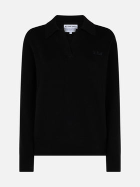 Woman black cashmere blend sweater Eze with polo collar