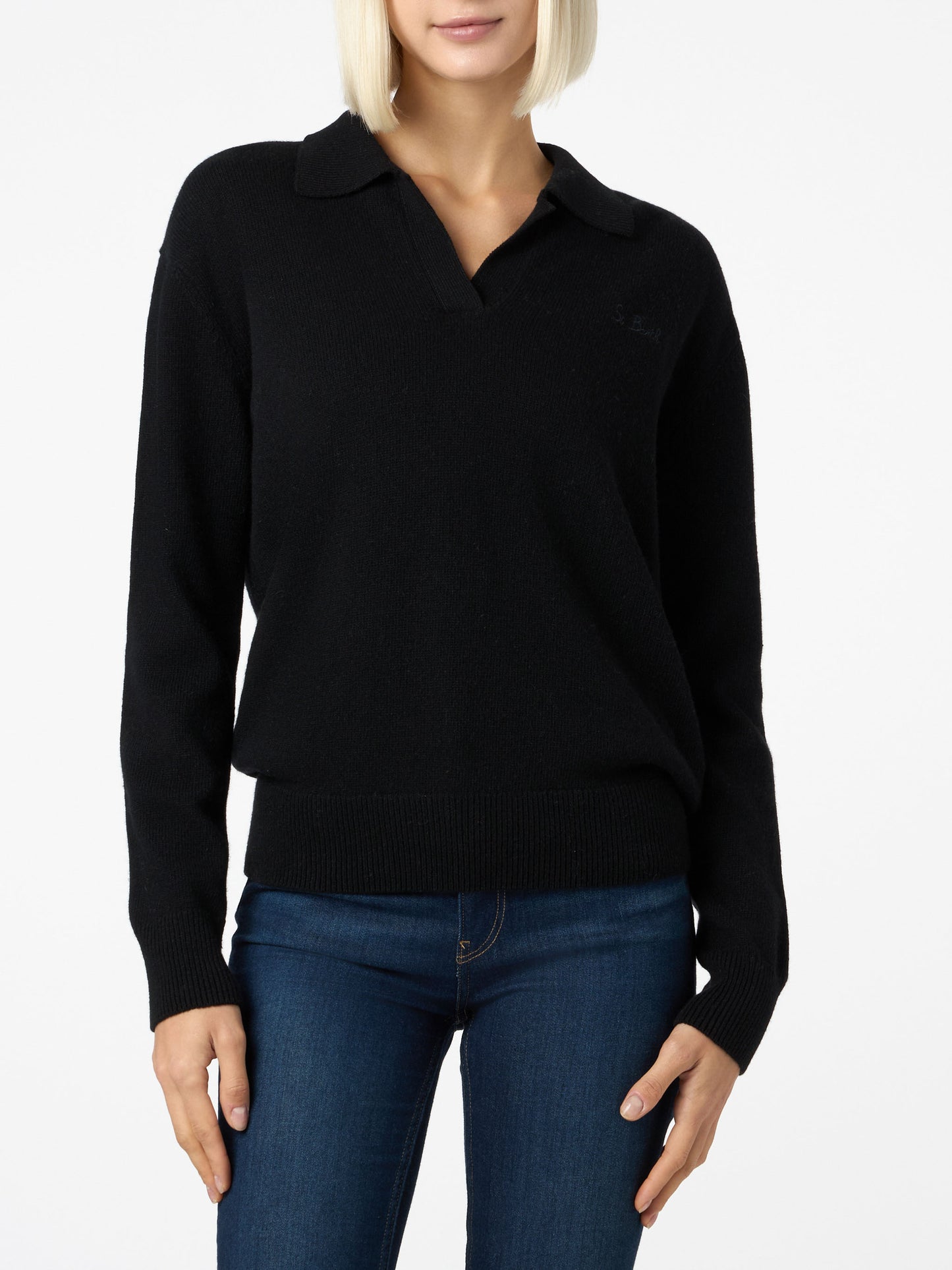 Woman black cashmere blend sweater Eze with polo collar