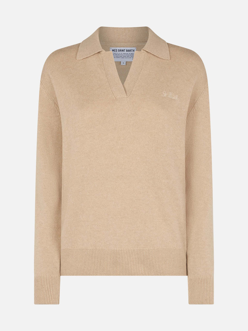 Woman beige sweater Eze with polo collar