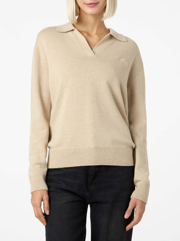 Woman beige cashmere blend sweater Eze with polo collar