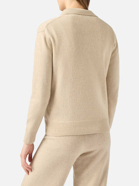 Woman beige cashmere blend sweater Eze with polo collar