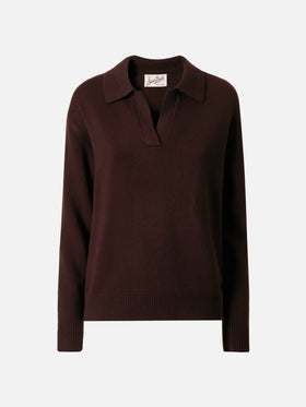 Brown Eze wool sweater with polo collar