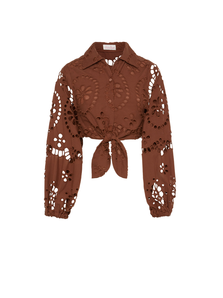 Febe camel brown cotton Sangallo lace shirt