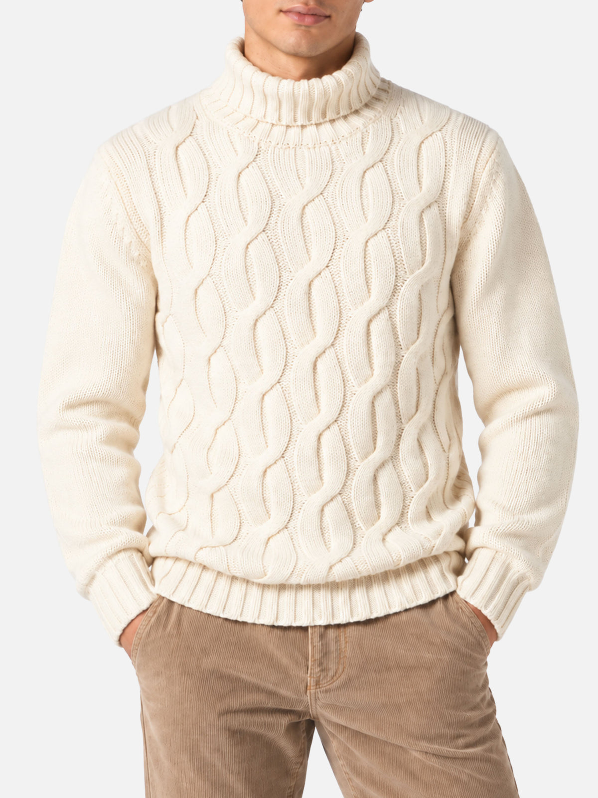 Jersey de punto trenzado estilo pescador en mezcla de cachemira color blanco roto 