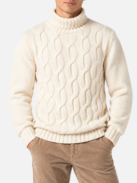 Jersey de punto trenzado estilo pescador en mezcla de cachemira color blanco roto 