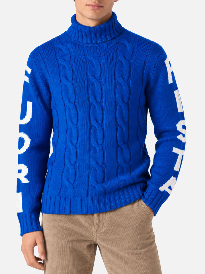 Rollkragenpullover im Fisherman-Zopfmuster mit Fuori pista-Jacquard in Blau 
