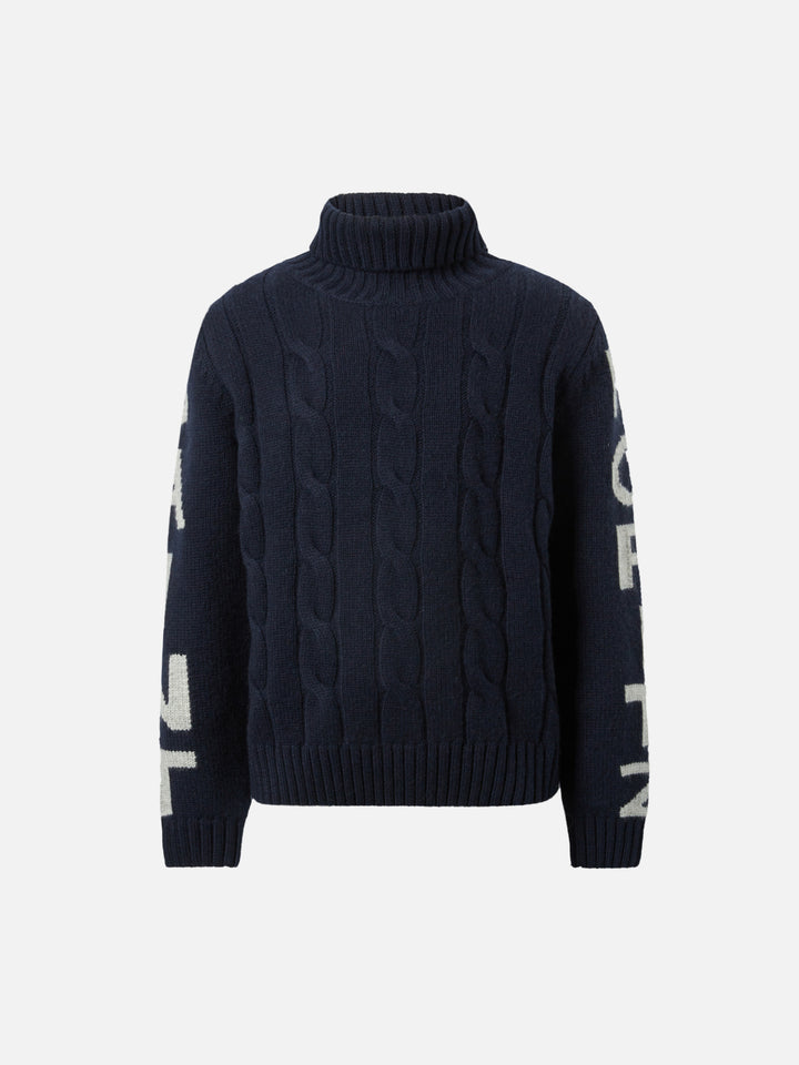 Marineblauer Zopfstrick-Rollkragenpullover Fisherman Jr mit Saint Moritz Jacquard