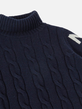 Navy blue cable-knit turtleneck Fisherman Jr sweater with Saint Moritz jacquard