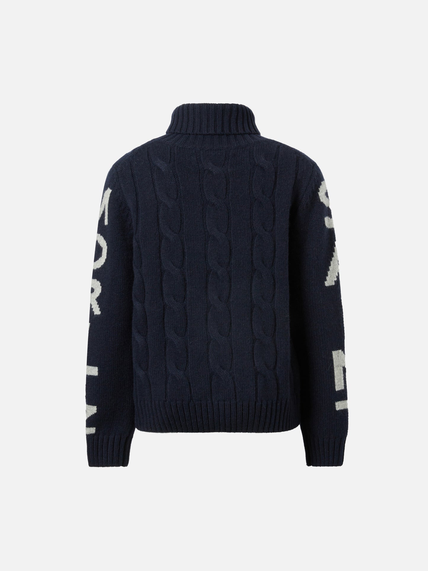 Navy blue cable-knit turtleneck Fisherman Jr sweater with Saint Moritz jacquard