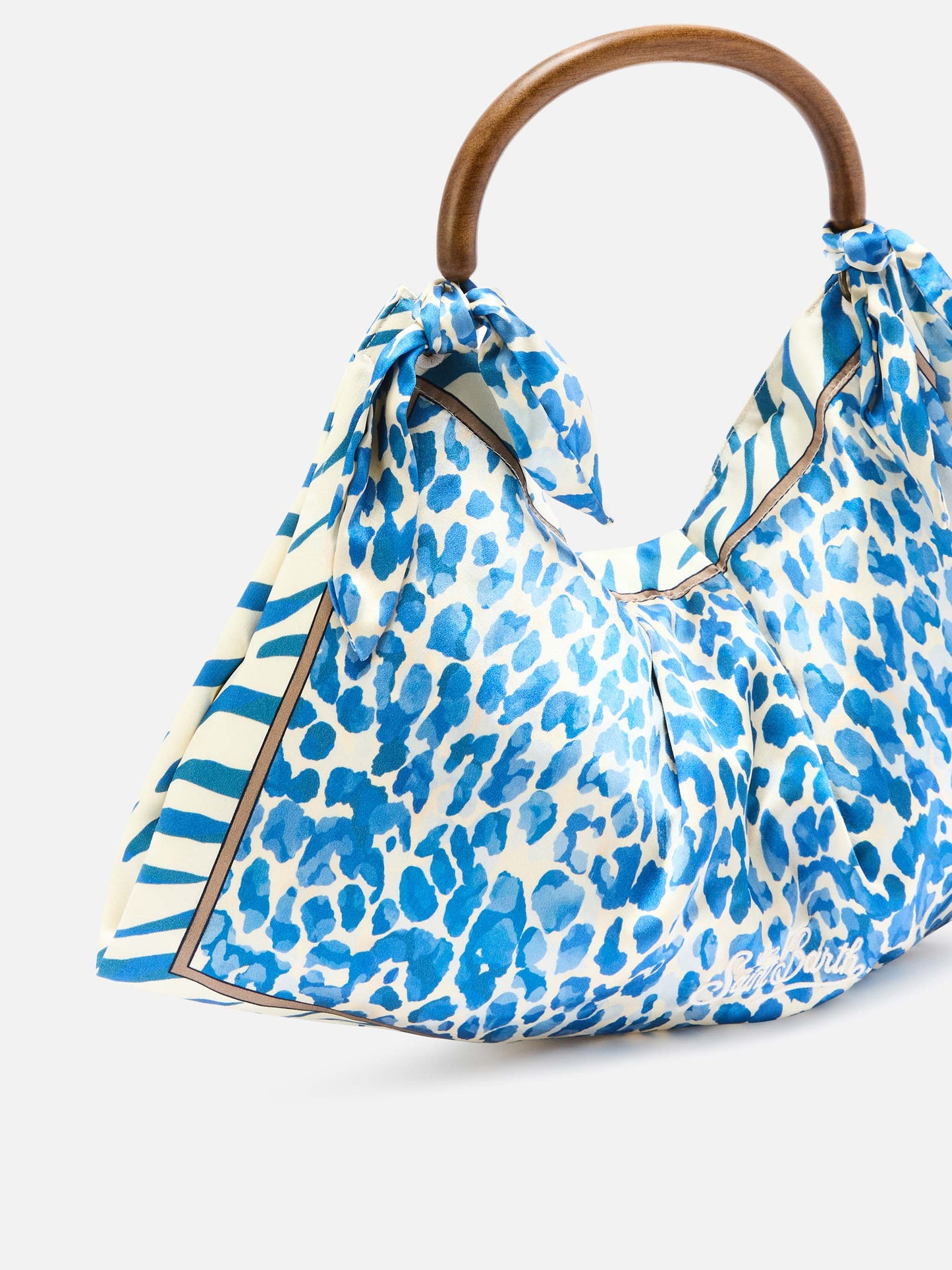 Bolso foulard de seda con asa de madera y estampado animal 