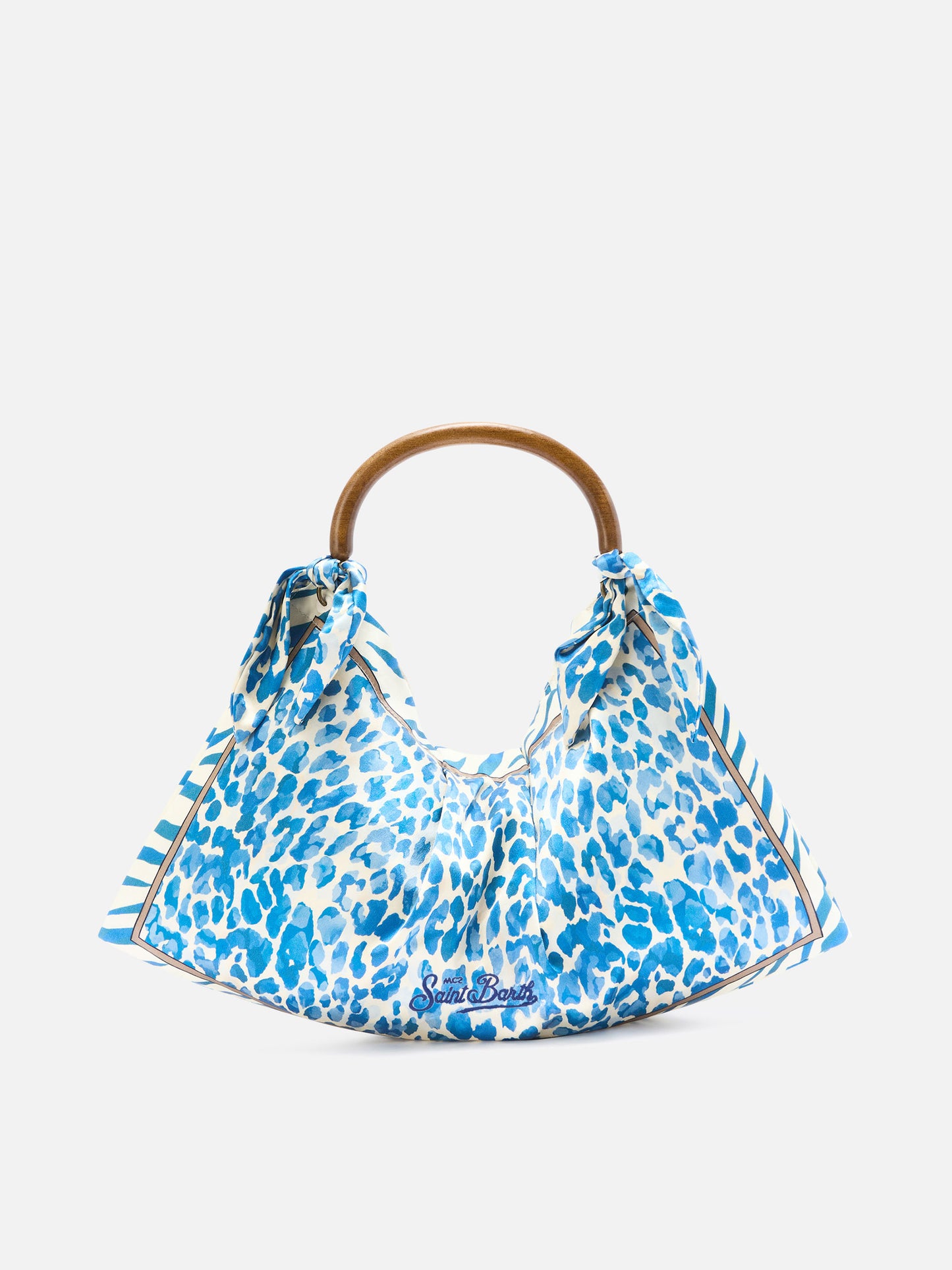 Sac foulard en soie avec poignée en bois et imprimé animalier 
