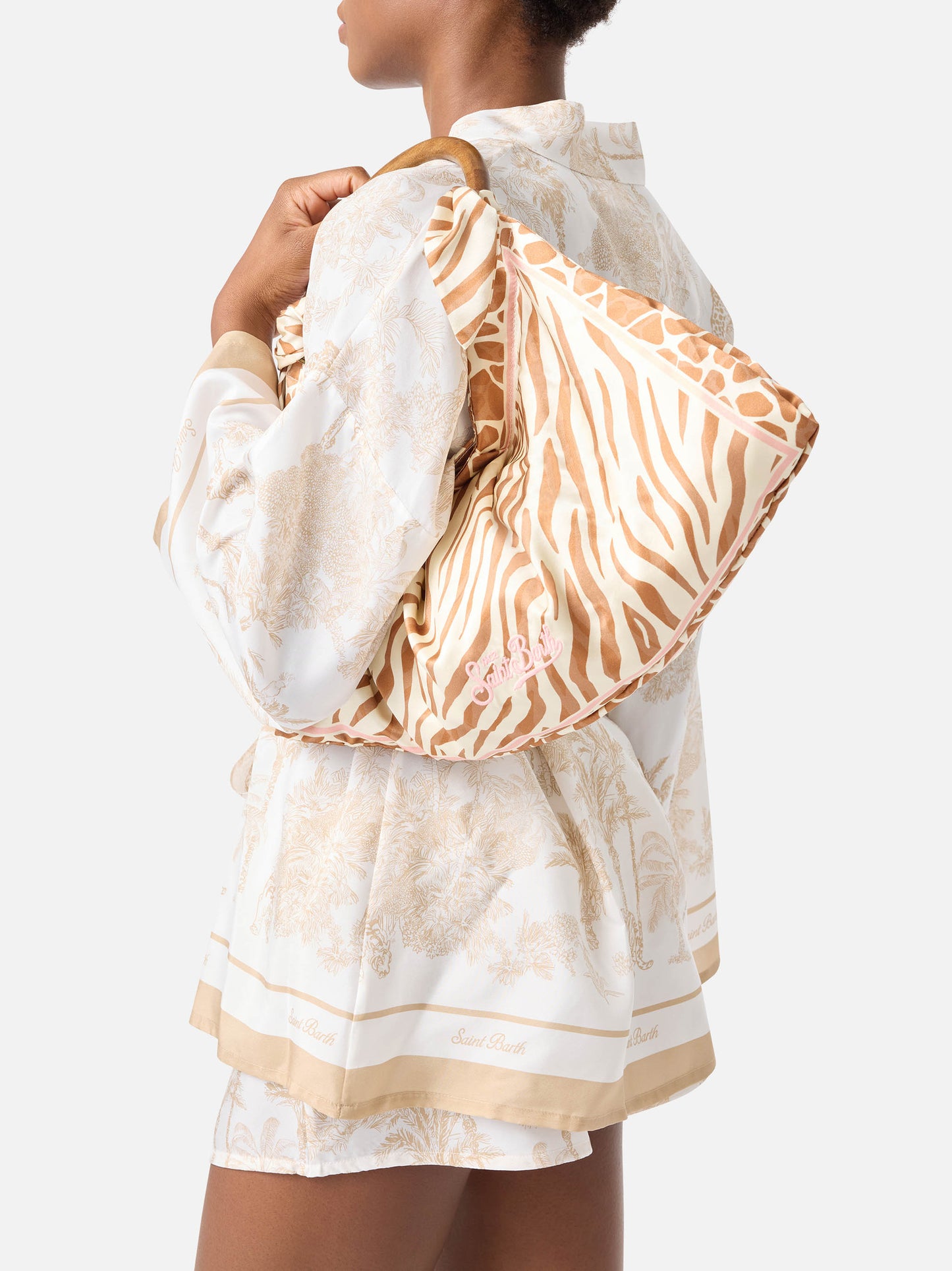 Borsa Foulard in seta con manico in legno e fantasia animalier