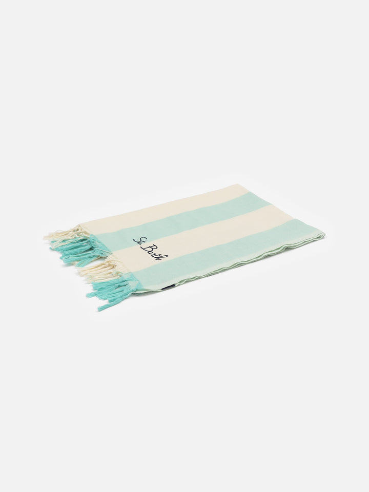 Light cotton beach towel Fouta with water green striped print