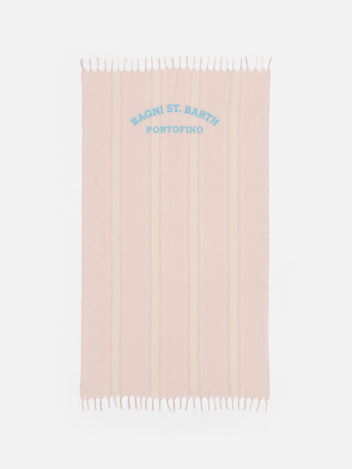 Light cotton beach towel Fouta with pink striped print and embroidery