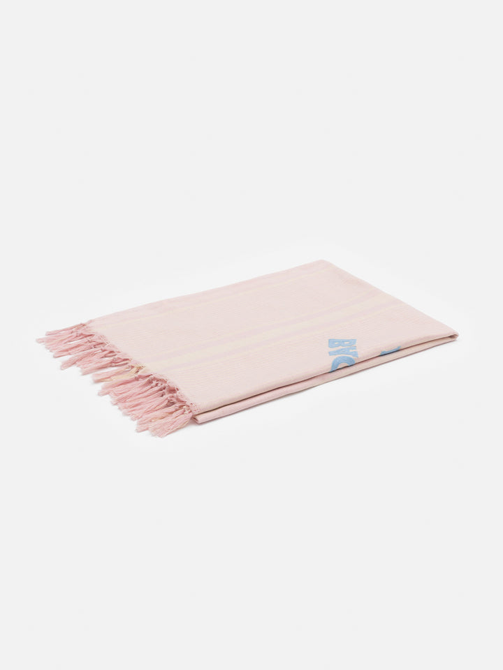 Light cotton beach towel Fouta with pink striped print and embroidery