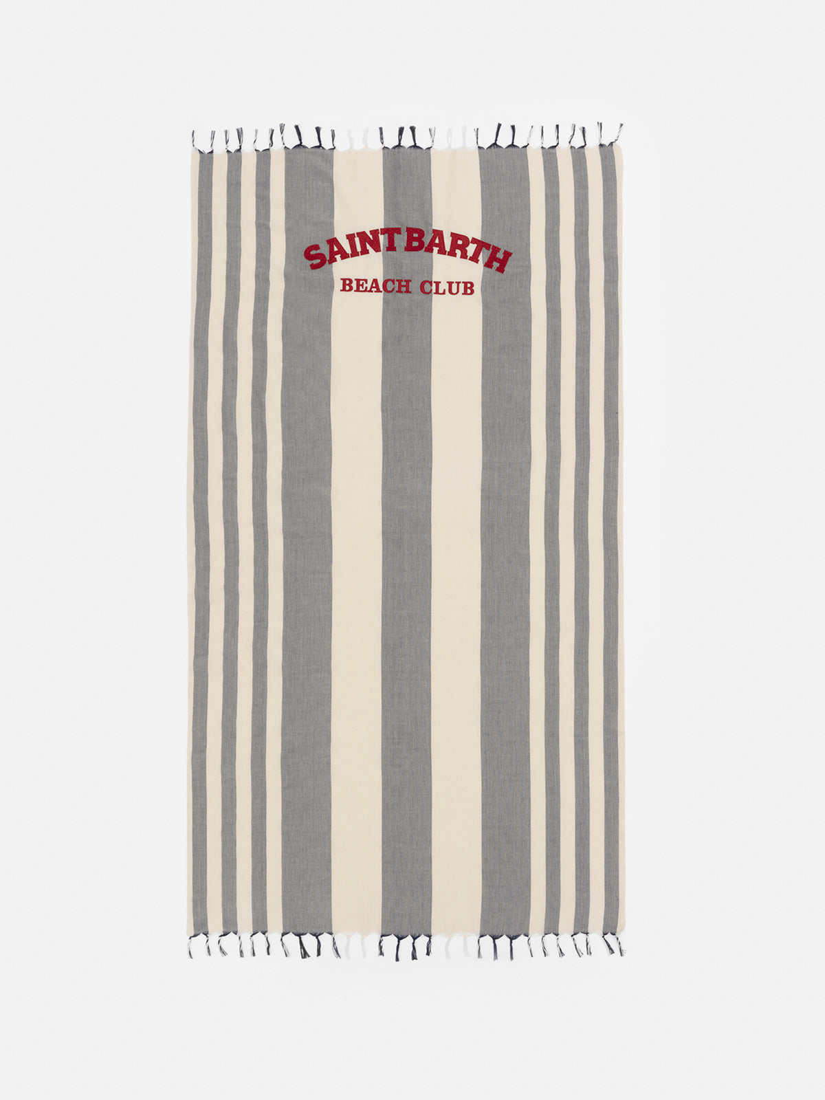 Light cotton beach towel Fouta with navy blue striped print and embroidery