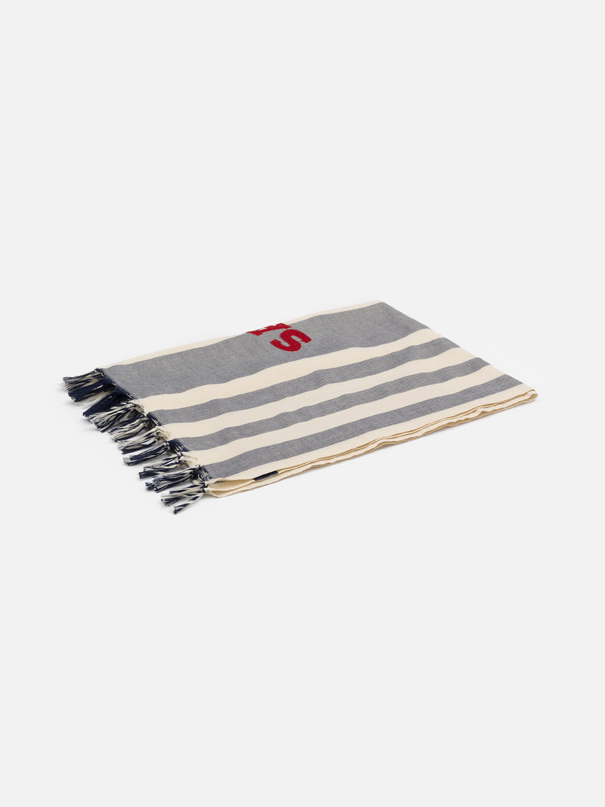 Light cotton beach towel Fouta with navy blue striped print and embroidery