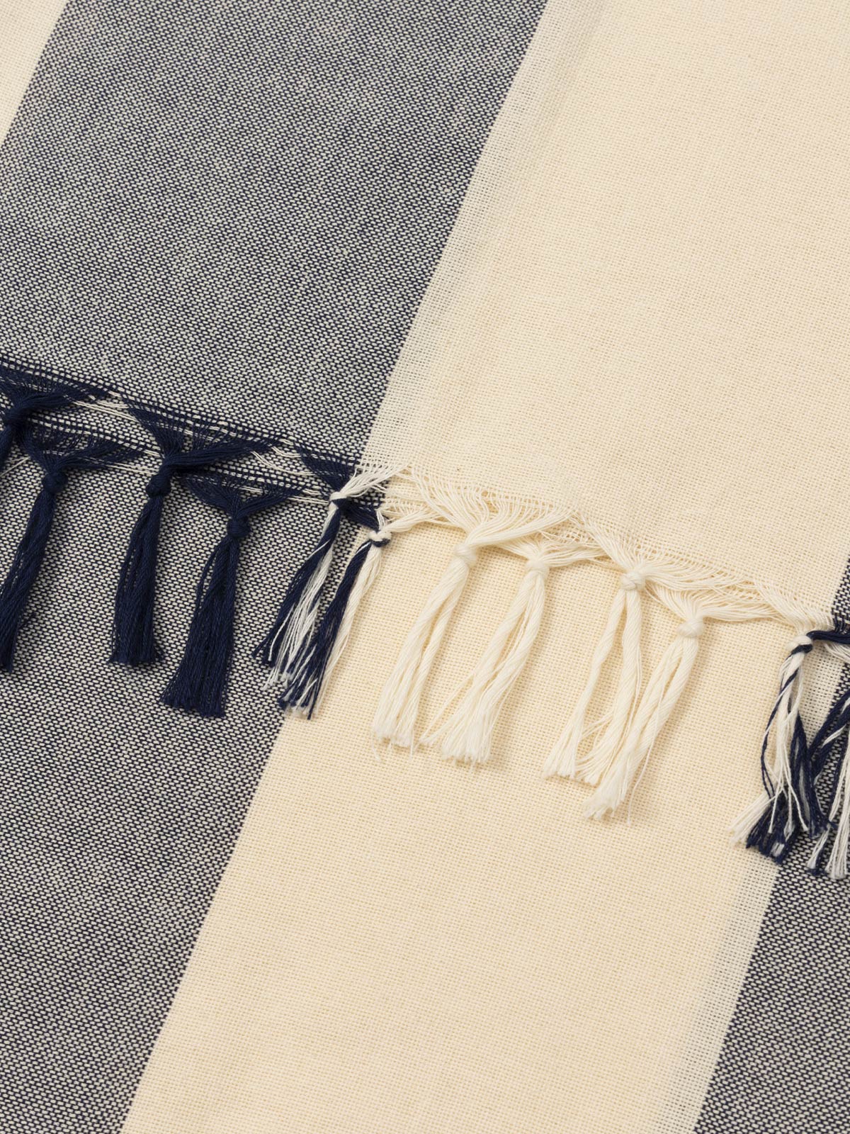 Light cotton beach towel Fouta with navy blue striped print and embroidery