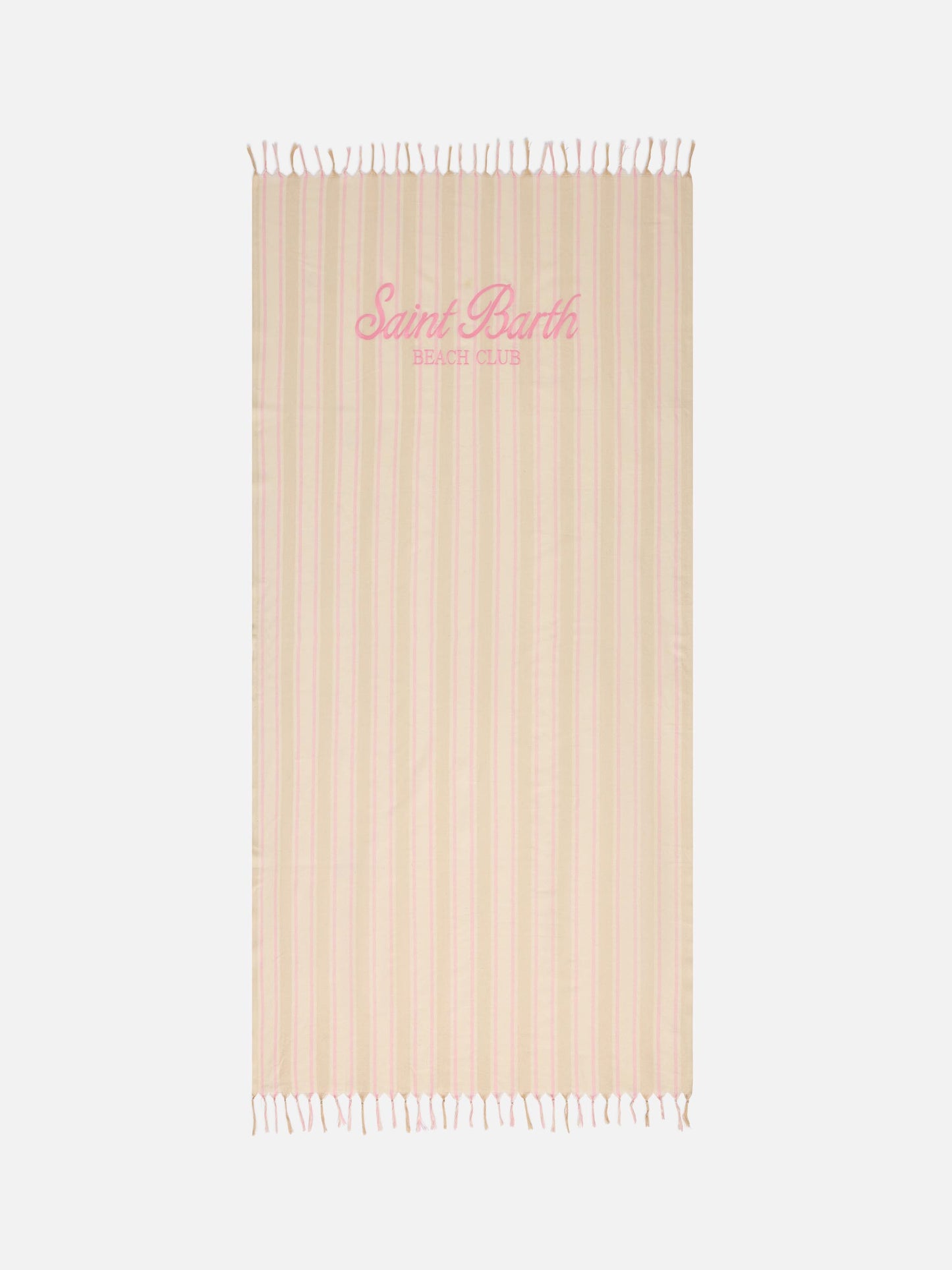Foutas Lightbeach-Strandtuch mit beigen und weißen Streifen und gesticktem Logo 