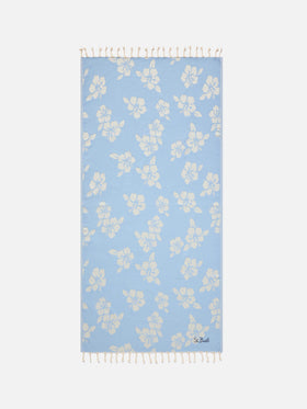 Serviette de plage fouta en coton Jacquard bleu clair avec motif hibiscus 