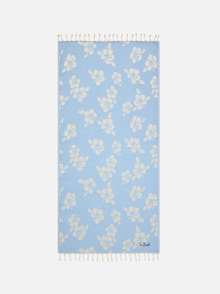 Strandtuch aus Foutas-Baumwolljacquard in Hellblau mit Hibiskusmuster 