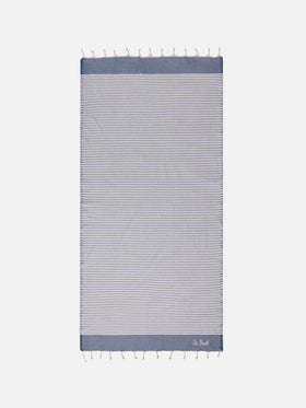 Foutas beach towel with small navy blue and white stripes