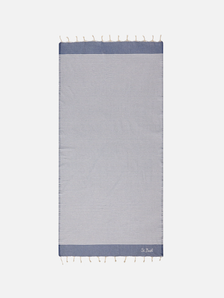 Foutas beach towel with small navy blue and white stripes