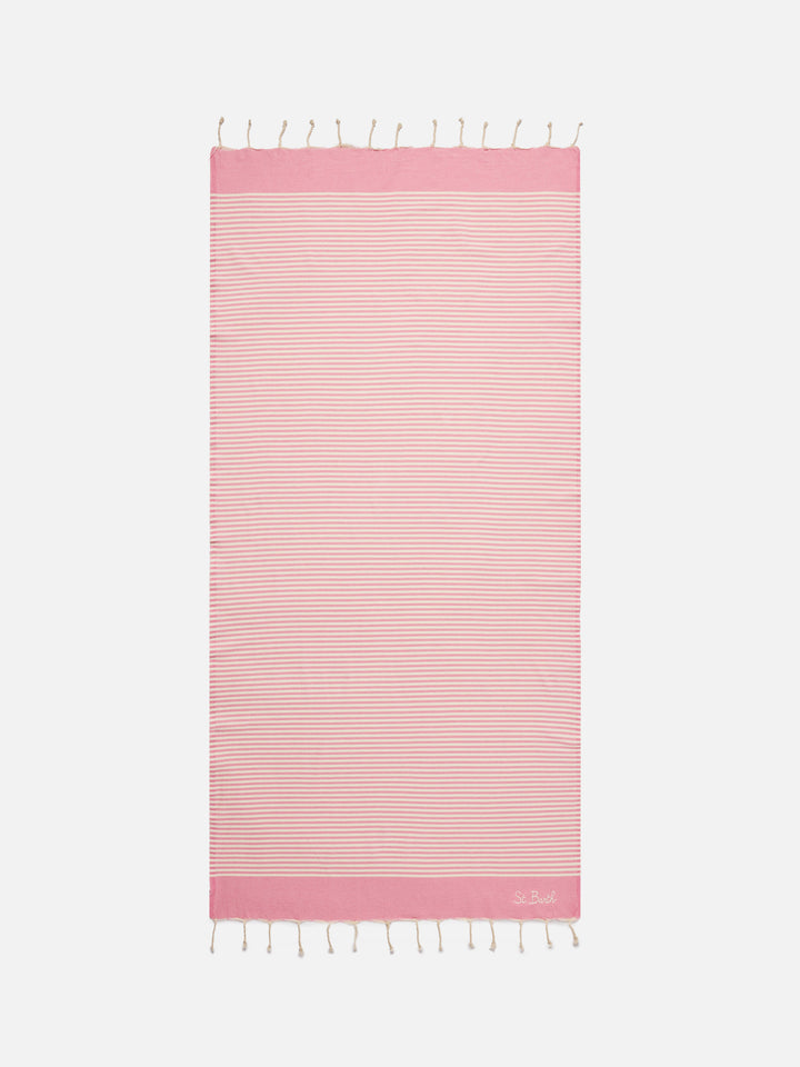 Foutas beach towel with small pink and white stripes