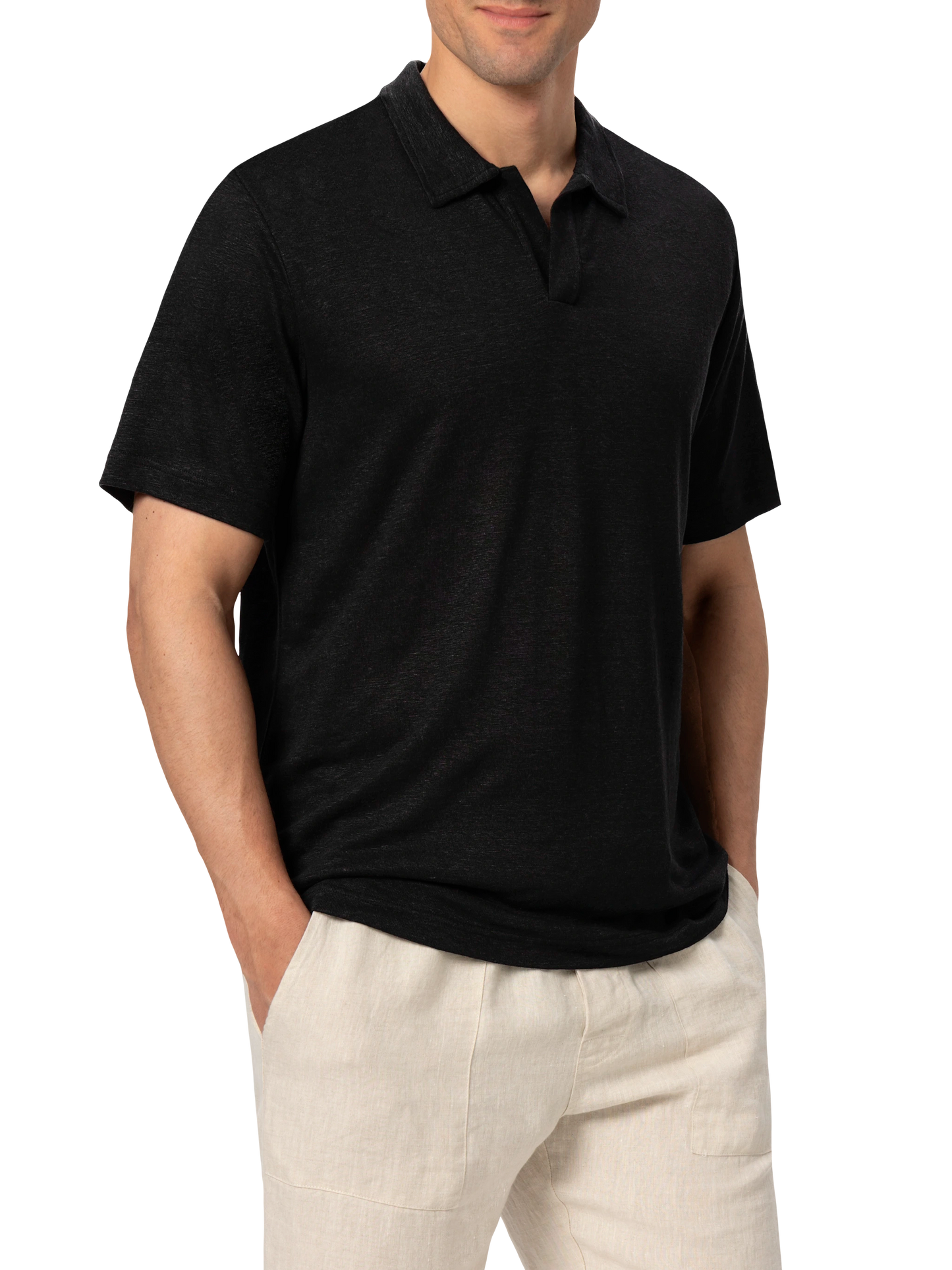Black linen buttonless polo shirt Fraser