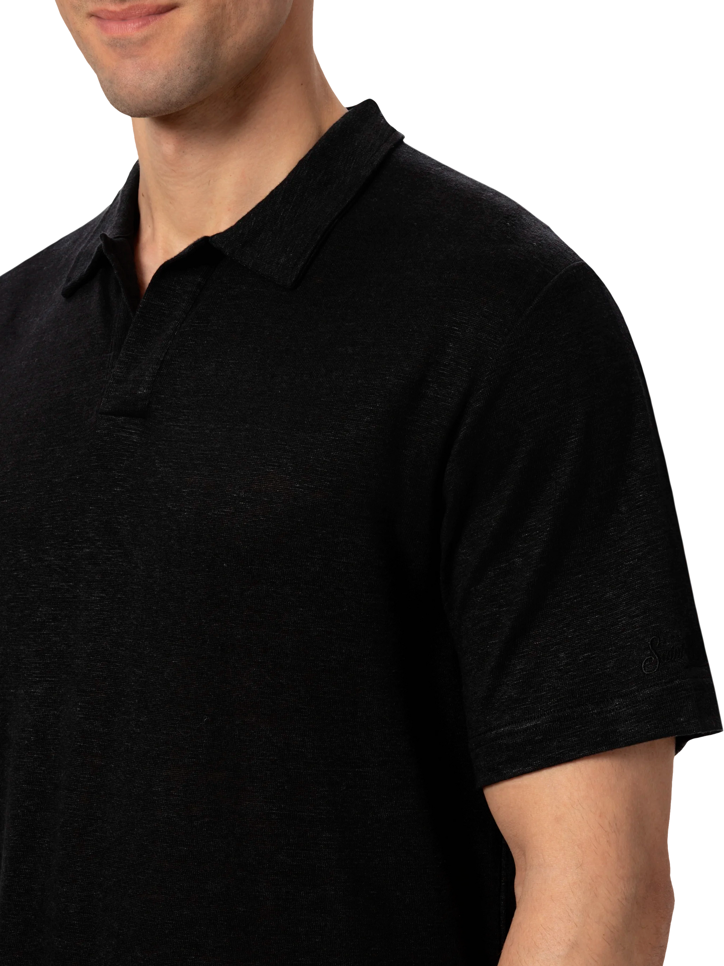 Black linen buttonless polo shirt Fraser