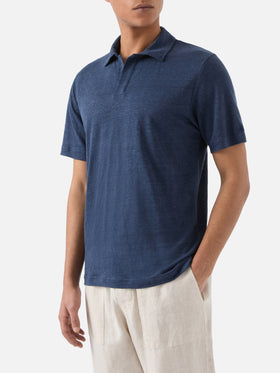 Navy blue Fraser polo in pure linen solid color