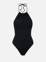 Woman black halter neck one piece swimsuit