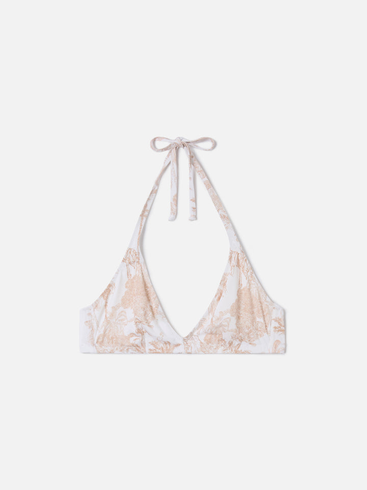 Gaia halter bikini top with toile de Jouy print