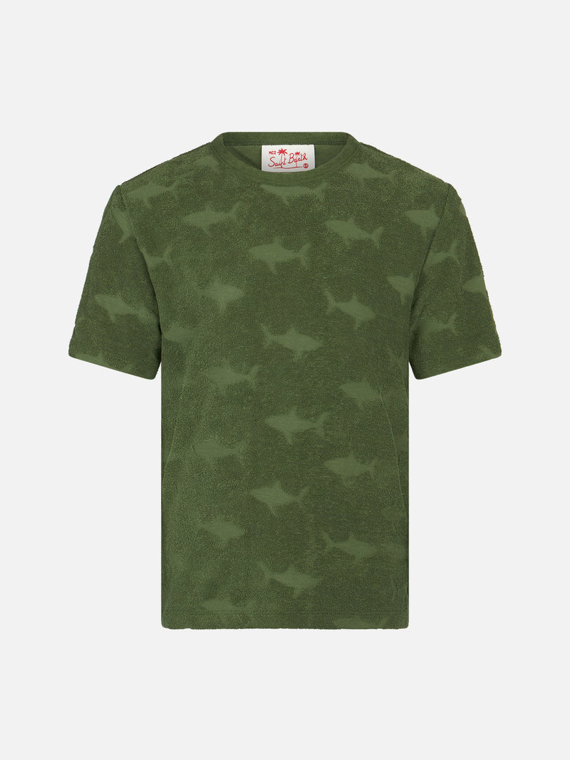 Boy military terry t-shirt Gary with shark embossed pattern