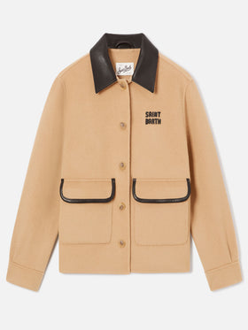 Chaqueta beige de mezcla de lana Glacienne con parche del logo 