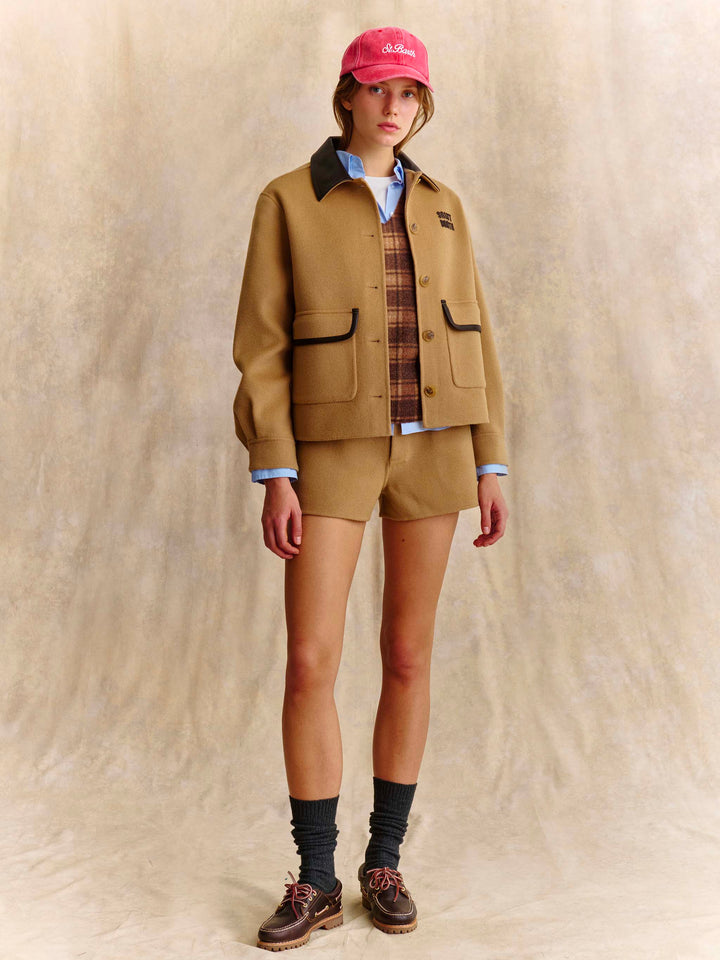 Shorts Elva beige in doppio tessuto di misto lana