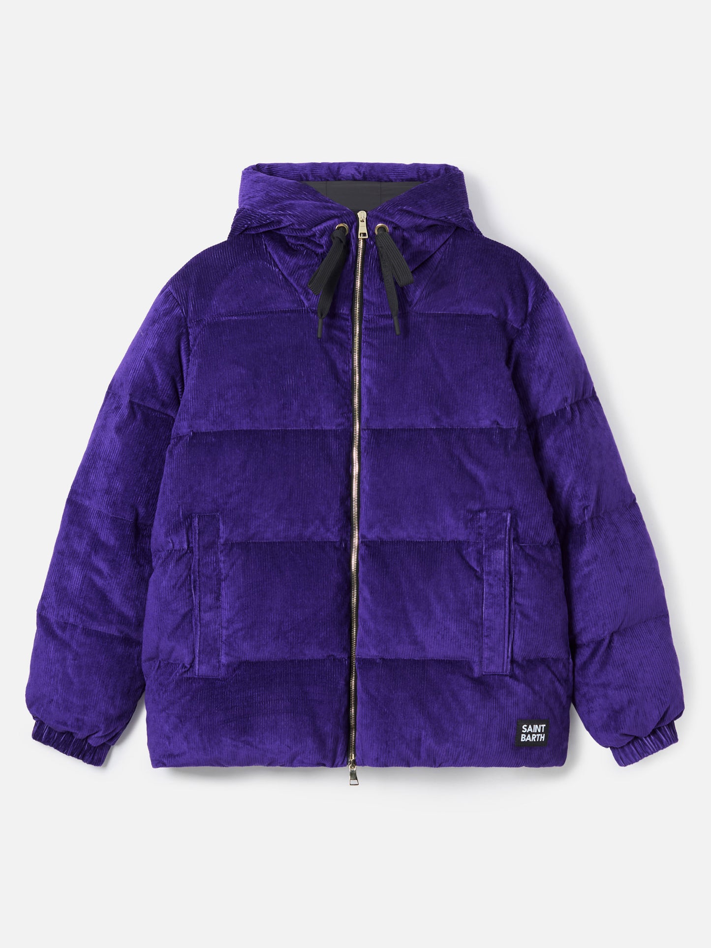 Woman purple corduroy down padded jacket with hoodie