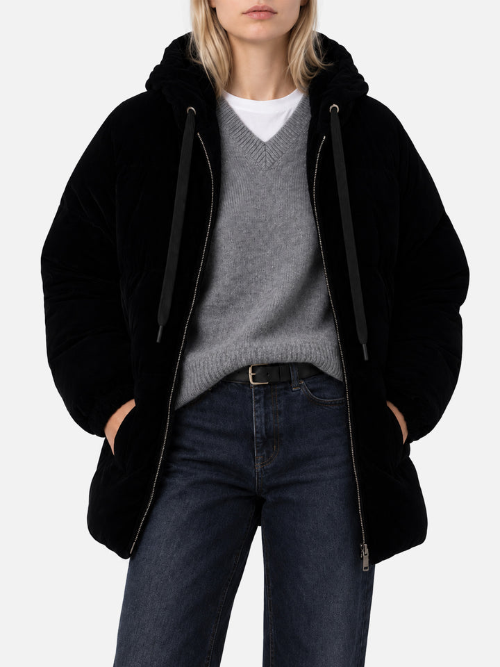Geneve schwarze Daunenjacke aus Samt mit Kapuze 