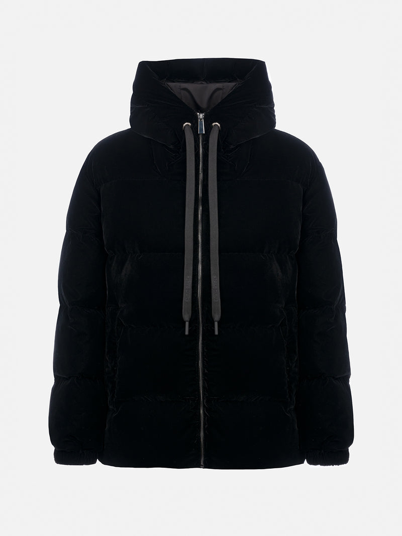 Schwarze Daunenjacke aus Samt mit Kapuze für Damen