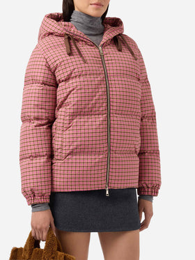 Hooded down padded jacket Geneve with pied de poul print