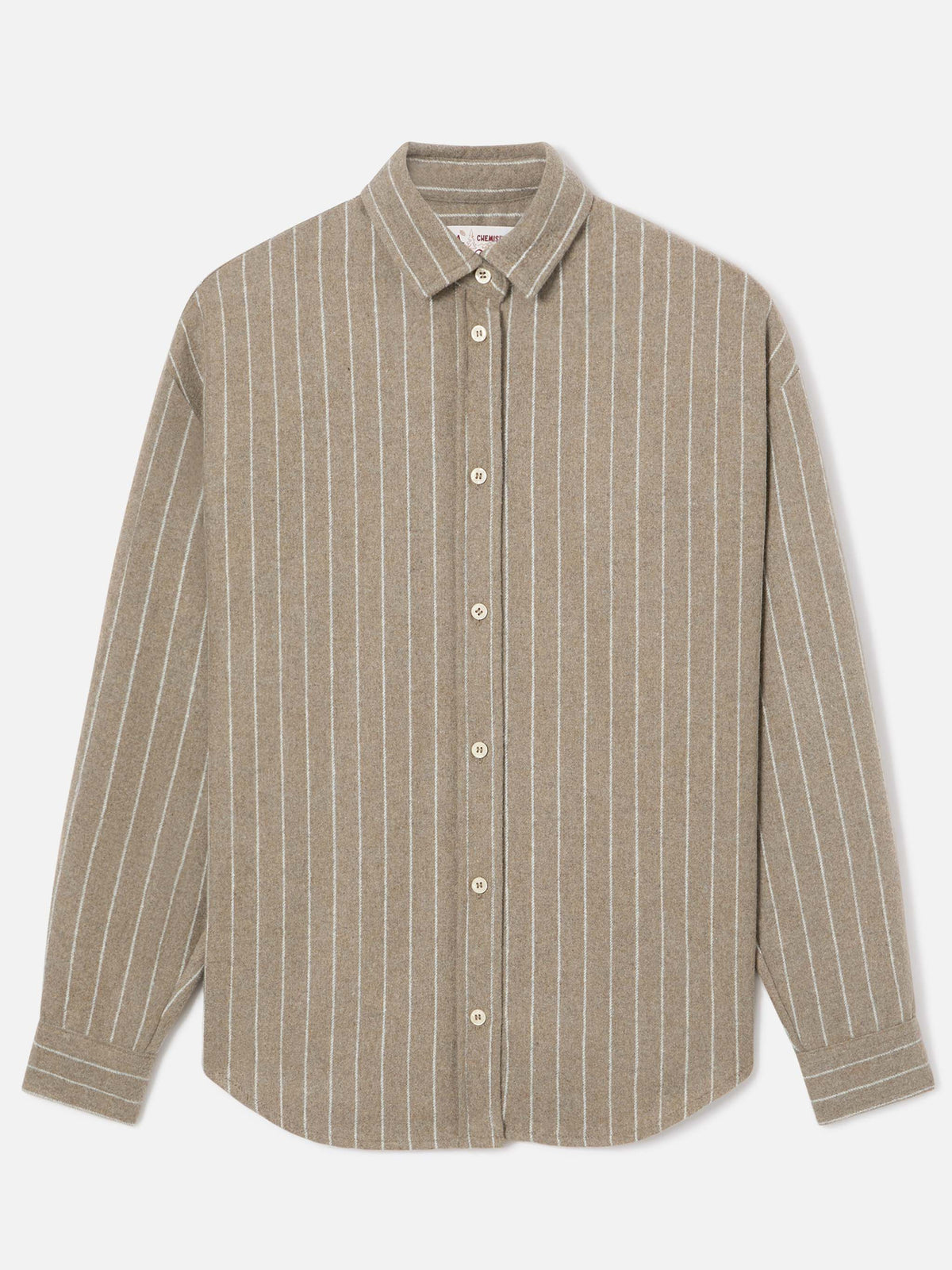 Camicia beige in flanella di misto lana gessata Gigy con logo in strass