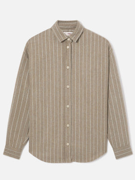 Camicia beige in flanella di misto lana gessata Gigy con logo in strass